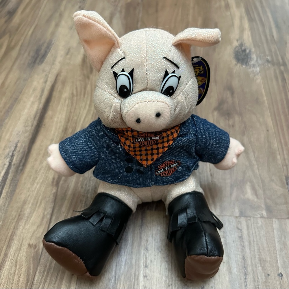 Harley-Davidson Stuffed Pig Toy with Blue Jacket and Black Boots
